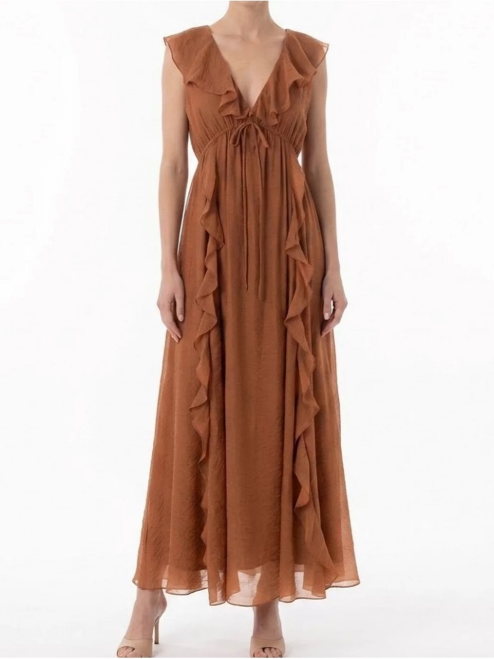 Maison Tara Copper Ruffle-Front Maxi Dress
